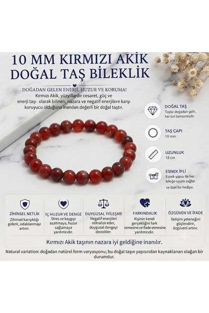 10 mm Red Agate Natural Stone Bracelet – Handmade Flexible Unisex Design
