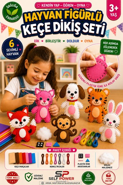 6-Piece Felt Sewing Set with Animal Figures – Educational Sewing, Handicraft, and Hobby Activity Set for Kids