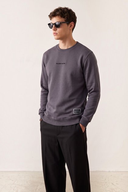 Men's Embroidered Slim Fit Crew Neck Smoked Sweatshirt 3 Iplilk Raised Fabric