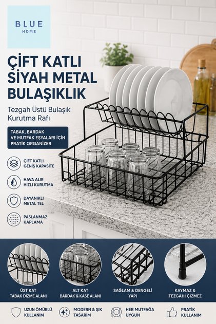 Çift Katlı Siyah Metal Tel Bulaşıklık | 2 Katlı Tezgah Üstü Bulaşık Kurutma Rafı Tabak Bardak Organizer