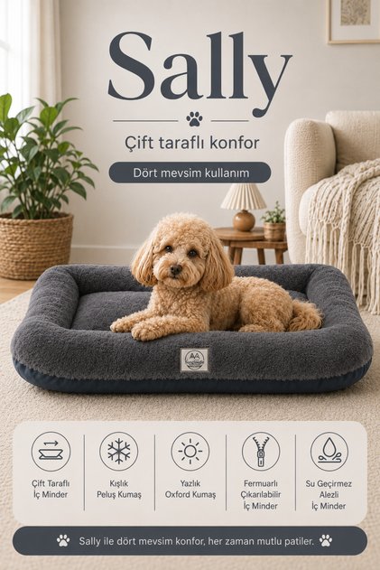 Sally, %100 Su Geçirmez Alezli, Çift Taraflı, Dört Mevsim Kullanılabilen Kedi ve Köpek Yatağı