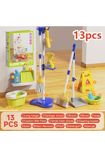 13pcs-Blue Kids Cleaning Toy Set for Toddlers Mini Broom Dustpan Mop Pretend Play Housekeeping Suppl