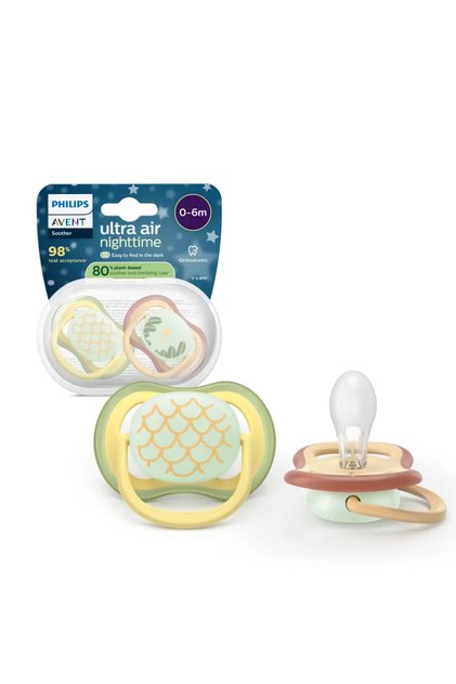 Set 2 suzete Philips Avent Ultra Air SCF376/27, ortodontice, fara BPA, 0-6 luni, buton fosforescent