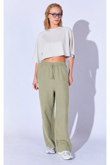 Çağla Muslin Washed 100% Cotton Palozzo Cut Comfortable Elastic Waist Women's Trousers | Ek1000669884