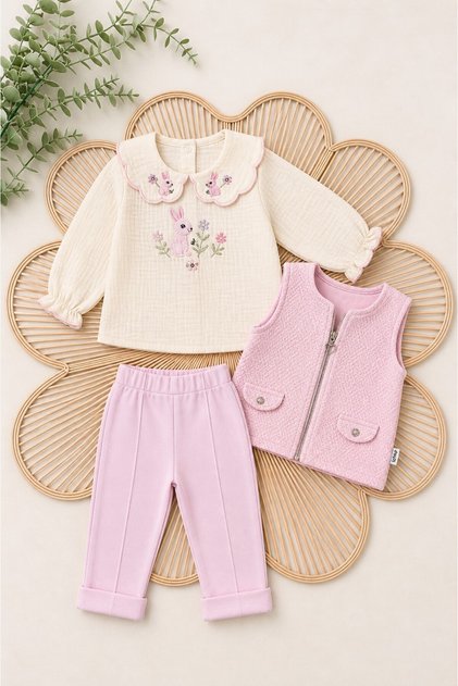 Rabbit Patterned Vest Baby Girl Set 3-Piece Set