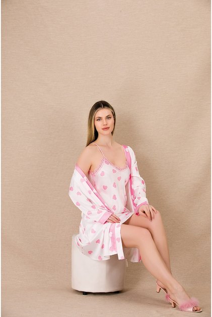 Romantic Pink Heart Figured Lace Satin 2-Piece Home Wear Set