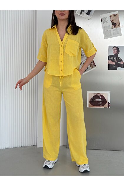 Women's Single Pocket Detailed Short Sleeve Shirt-Pants Linen Set