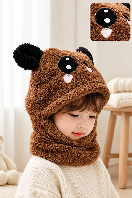 Girls and Boys Plush Teddy Bear Beanie Neck Warmer - Brown Eared Warm Winter Beanie Set