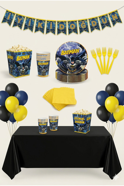 Batman Themed 52 Piece Birthday Set for 8 People, Plate, Cup, Balloon, Streamer