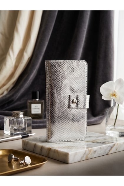 Genuine Leather Silver Snake Print Women's Portfolio Wallet with Phone Compartment and Card Holder Drc54