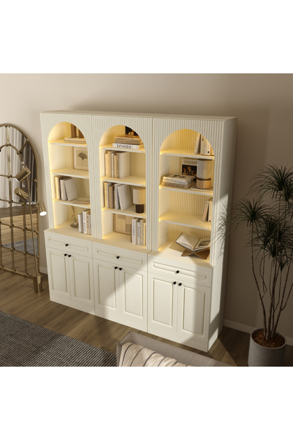 Klube Concept İNCİ LED Işıklı Kemerli Kitaplık Dolap ve Çekmeceli Raflı Dekoratif Çok Amaçlı Dolap %100 MDF 240x35x210