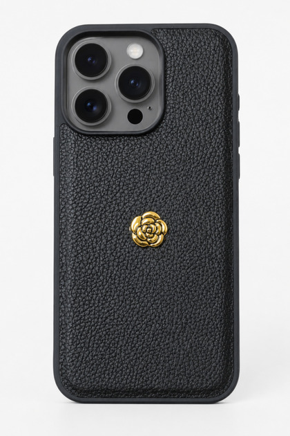 iPhone 16 Pro Max Compatible Leather Textured Phone Case with Gold Rose Detail