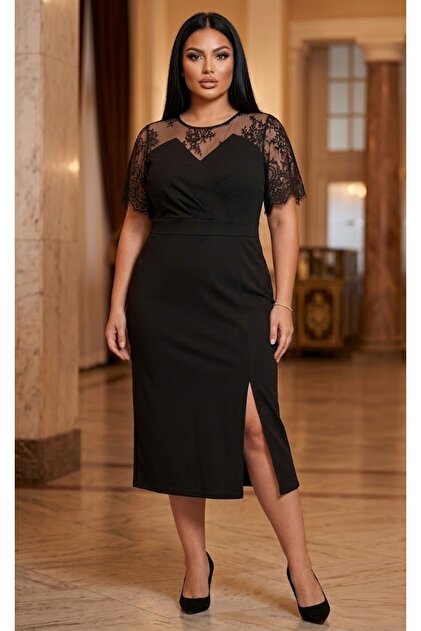 crew neck plus size formal dress Plus Size A-Line Split Round Neck Evening Dress for Formal Events main image 1