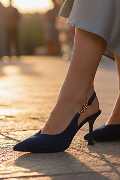 Moira Shoes Women's Navy Blue Fabric Gold Buckle Goblet Heeled Open Back Evening  Dress Shoes (Size 41-42)- Trendyol