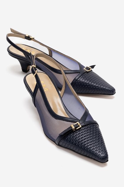 Laviera Navy Blue Mesh Buckle Genuine Leather Women's Low Heel Shoes