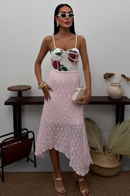 Women's Lace Skirt Lined Midi Length High Waist Textured Summer Long Skirt