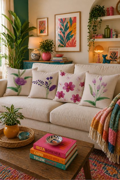 Purple Floral Patterned 4-Piece Throw Pillow Cover Set Double-Sided 43X43 cm Floral