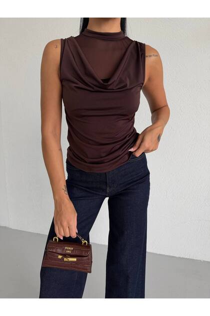 Women's Bitter Brown Tulle Draped Front Zero Sleeve High Neck Sandy Fabric Blouse