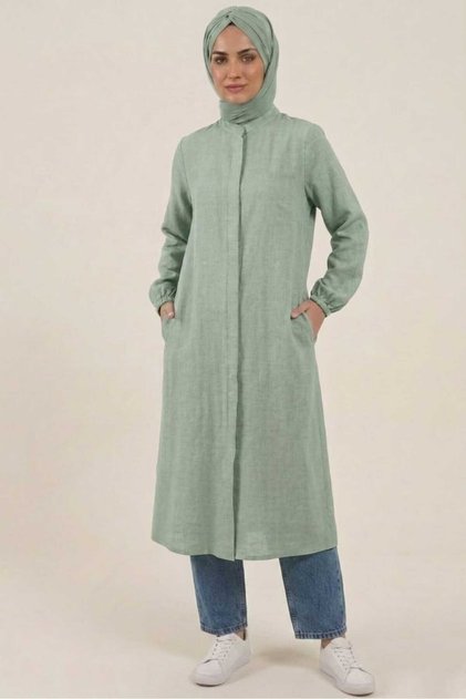 Mint Green 100% Cotton Muslin Fabric Zippered Long Hijab Women's Tunic - Compatible for Hajj, Umrah, and Daily Use