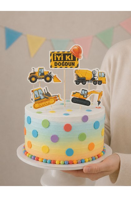 Construction Machinery Vehicles Themed Cake Decoration Set 5 Pieces