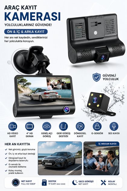 1080P Full Hd Araç Içi Kamera Ön Arka ve Iç Kayıt 3 Kamera Gece Görüşlü G Sensör Geniş Açı