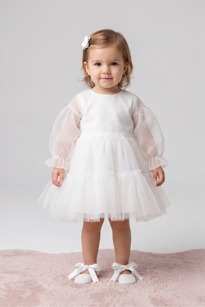 Ecru Butterfly Winged Long Sleeve Baby Girl Dress - Kate