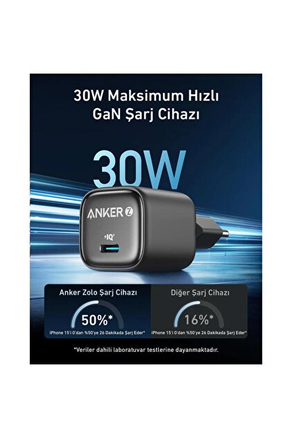 Anker Nano USB C GaN 30W, PD 3.0 PPS Hızlı Şarj Cihazı - Siyah
