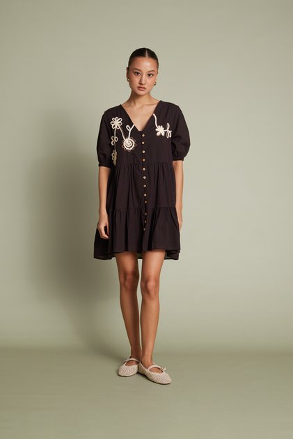 Süzeneli Embroidery Detailed V-Neck Balloon Sleeve Mini Dress Brown