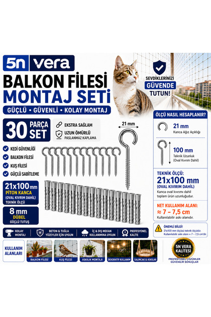 Balkon Filesi Montaj Seti 30 Parça 21X100 Piton Kanca 8 mm Dübel Kedi Güvenlik