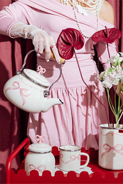 Rebel Bow Kurdele Desenli Emaye Vintage Kettle - 2 Litre, Ocağa Koyulabilir, Emaye Su Isıtıcı