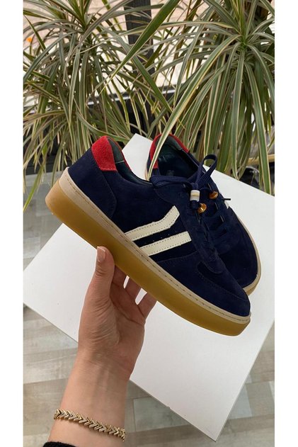 Brooklyn Hakiki Deri Lacivert Renk Boncuk Detaylı Kadın Sneaker