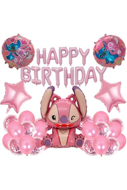 Set Baloane Aniversare Happy Birthday Tematica Stitch Roz SET310