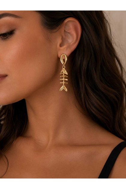 Gold Deniz Kabuğu ve Balık Kılçığı Figürlü Kadın Küpe Sallantılı Küpe