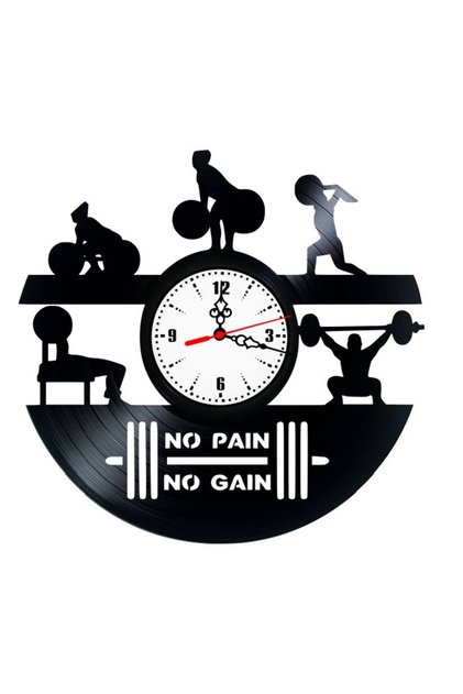 Ceas de perete decorativ, Fitness / Sală de sport Fără durere nu există câștig, fabricat din disc de vinil, 30 cm, mecanism silențios, negru