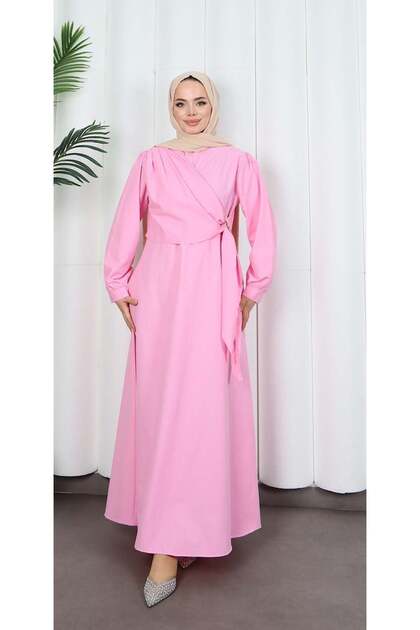 Side Buckle Terikoton Dress Pink Hnt0329