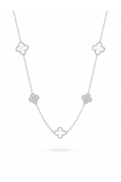 316L Steel Chain Silver Color White and Zircon Stone Clover Women Necklace