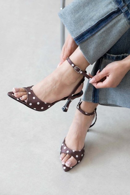 Boris Women's Heeled Satin Sandals Brown Polka Dot