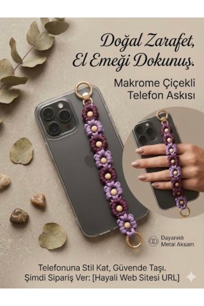 Lora Bohem Makrome Çiçekli Telefon Arkası Tutacağı ve El Askısı - Lila & Mürdüm