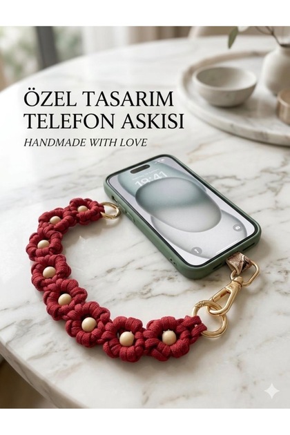 Papatya Makrome Telefon Bilekliği ve Çanta Süsü - Paracord İp Bordo Aksesuar