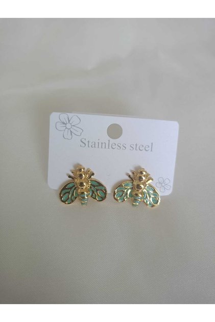 Green Enamel Bee Steel Earrings