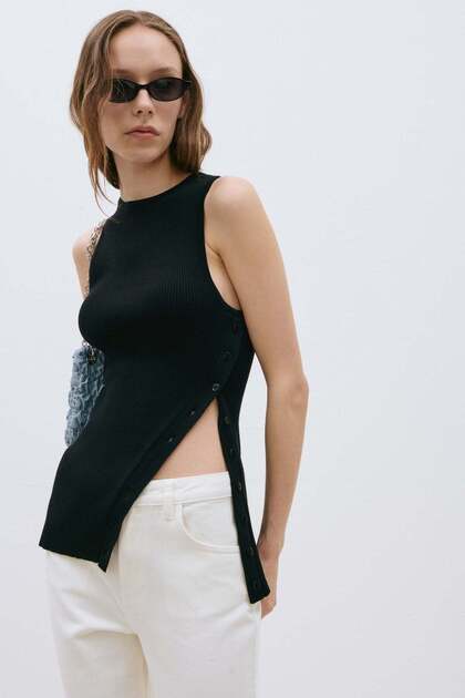 Black Nola Cross-Button Knitwear Blouse