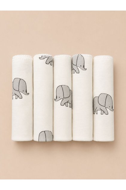 5-Pack Mouth Wipes with Elephant Pattern 25X25 cm 100% Cotton Soft Textured Baby Wipes