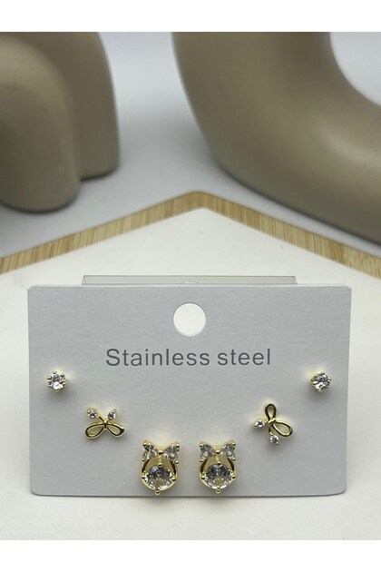 26Clk22 Gold Steel Earring Set with Bow Detail