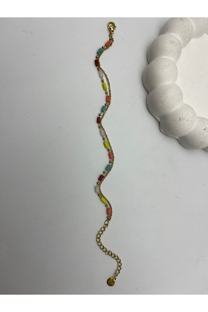 26Blk29 - Gold Steel Bracelet with Colorful Baguette Bead Detail