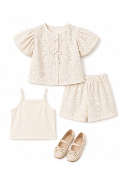 Girl's Cream Lace Embroidered Blouse Shorts Undershirt 3-Piece Set Summer Stylish Comfortable Combination 2-5 Years Old