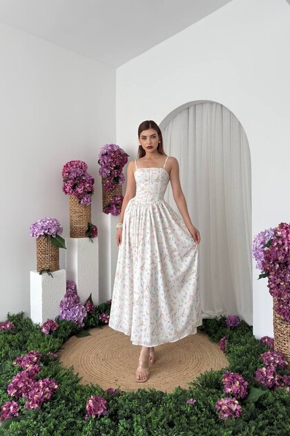 Nils Boutique İp Askılı Çiçek Desenli Midi Kloş Elbise - Fiyatı