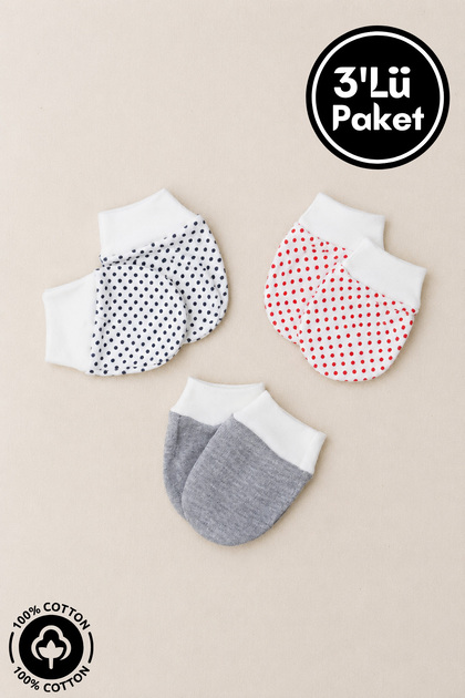 Unisex Baby Newborn Combed Organic Cotton Colorful Patterned Baby Gloves 3 Pair Colorful Set