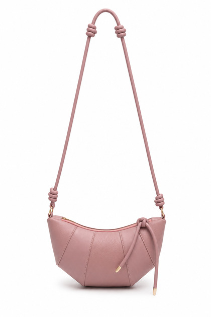 Rope Pendant Detailed Faux Leather Bohemian Croissant Style Vera Women's Crossbody Bag Pink
