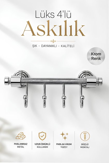 Krom 4'lü Askılık Duvara Monte Banyo Mutfak Antre Vestiyer Havlu Elbise Askısı Dekoratif Şık Model