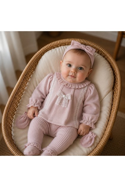 100% Cotton Newborn Baby Girl 0-3 Months with Lace, Bandana; Hospital Release